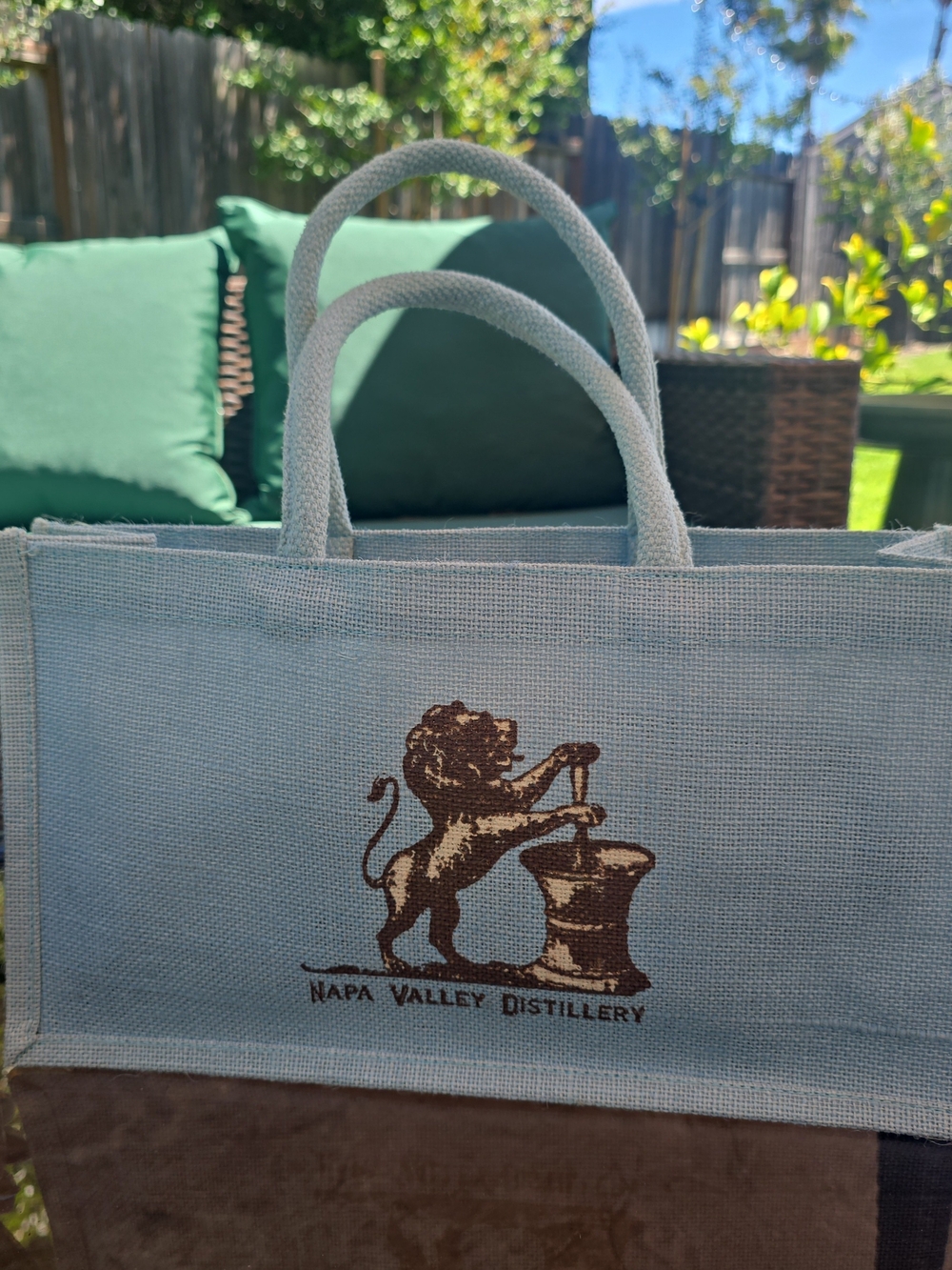 Napa Valley Distillery Light Blue Burlap Tote Jute Bag w/handles 15" X 4.5" X 8"